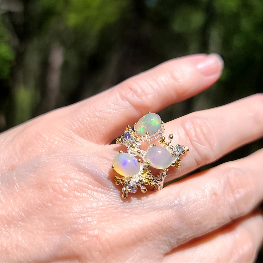 STUNNING Three Queens Opal & Tanzanite floral cocktail ring sz 7.5 - Picture 3 of 9